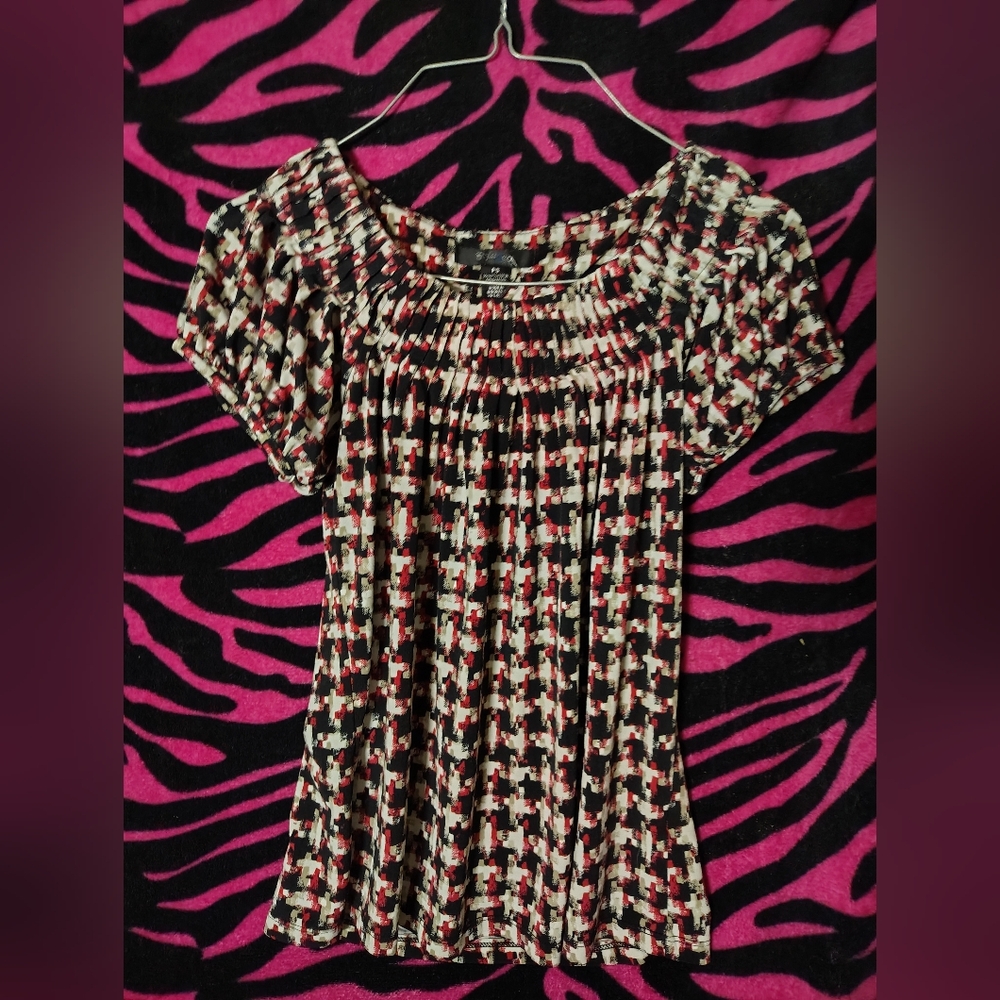 Style & Co Black Pink Puff Sleeve Sheath Blouse